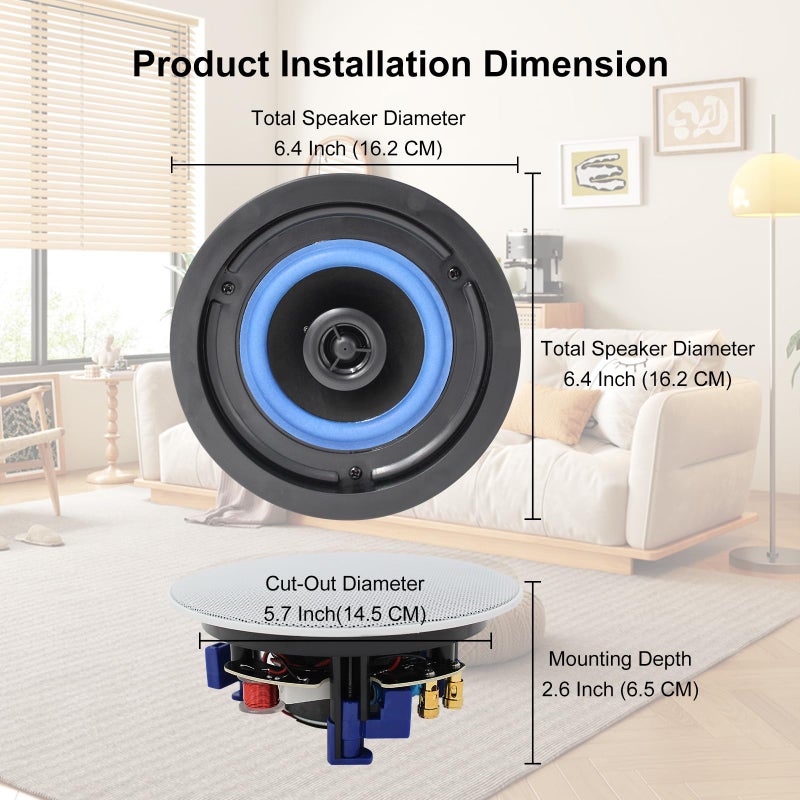 Herdio 4 Inches Flush Mount 2 Way Full Range in Wall Bluetooth Ceiling Speakers,Great for Humid Indoor Outdoor Placement Bath, Kitchen,Bedroom,Covered Porches A Pair - Image 2